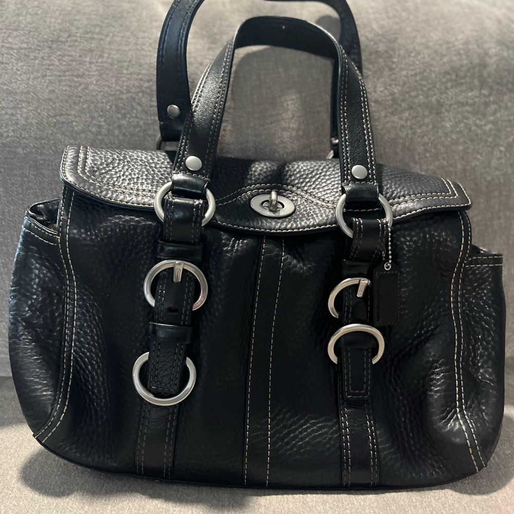 Coach Black Leather Shoulder Bag with Silver Accents